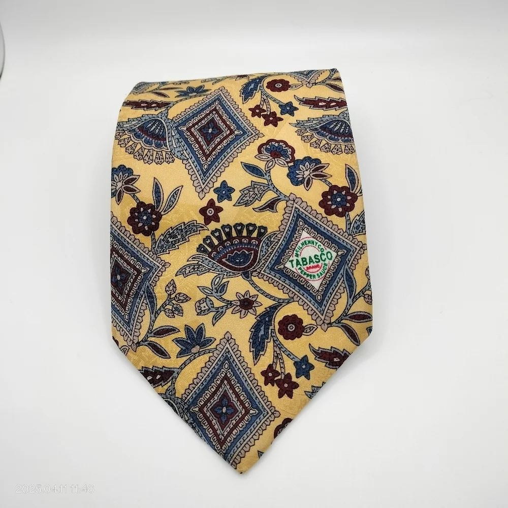 Tabasco Silk Jacquard Geometric Floral Necktie Padded Lined Yellow Whimsical